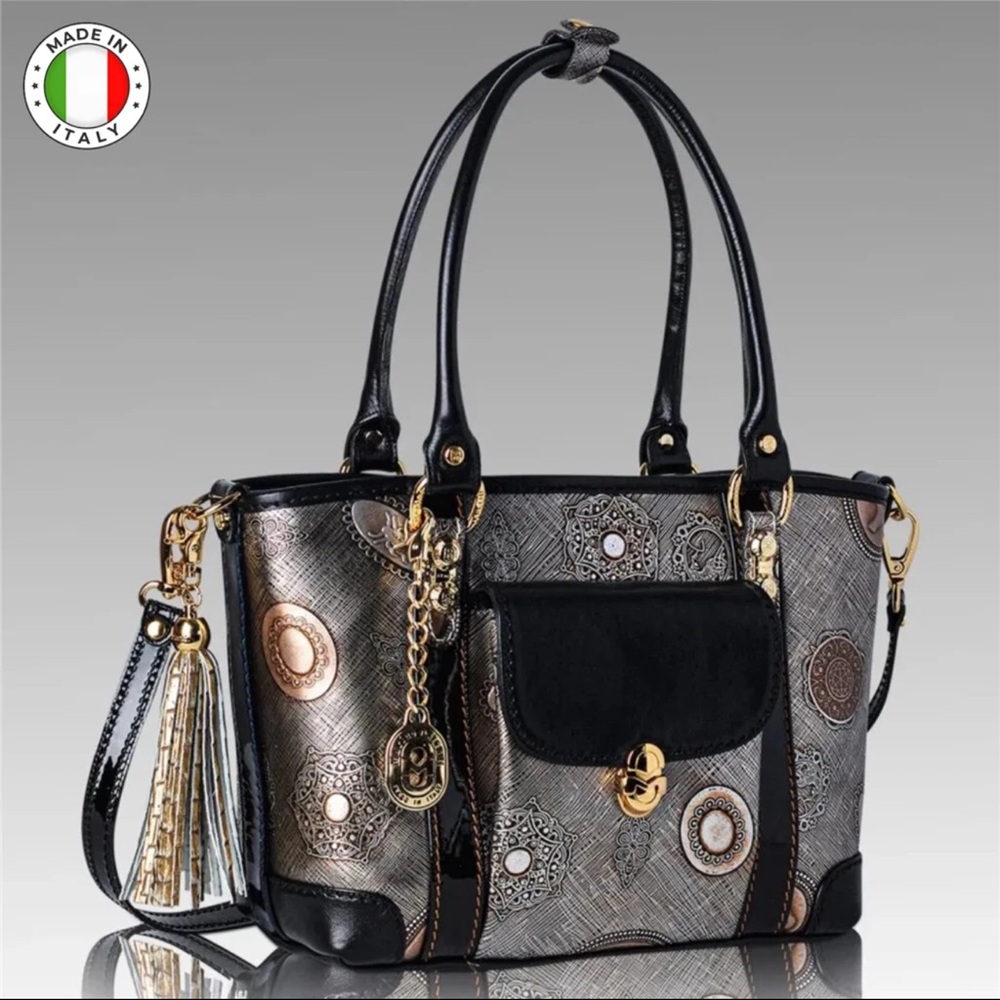 Marino Orlandi Designer Elegant Black Gold Roman Coins Leather Handbag Tote